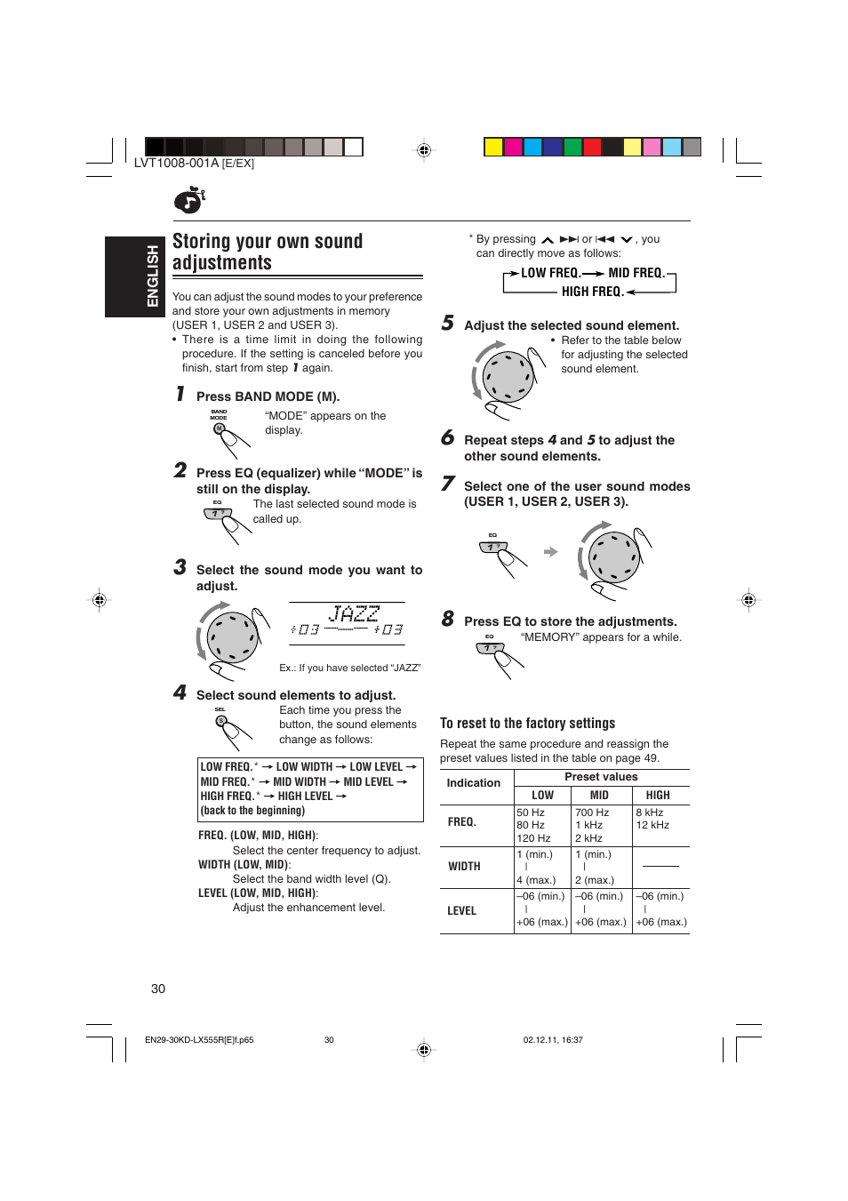 Storing your own sound adjustments, English | JVC KD-LX555R User Manual | Page 30 / 58