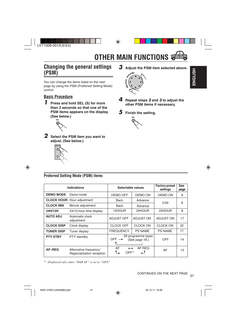 Other main functions, Changing the general settings (psm), Basic procedure | JVC KD-LX555R User Manual | Page 31 / 58