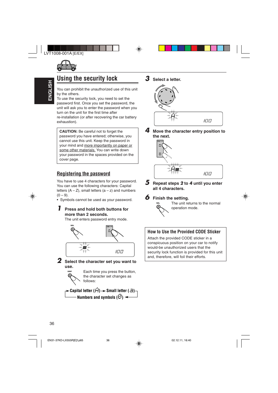 Using the security lock, Registering the password | JVC KD-LX555R User Manual | Page 36 / 58