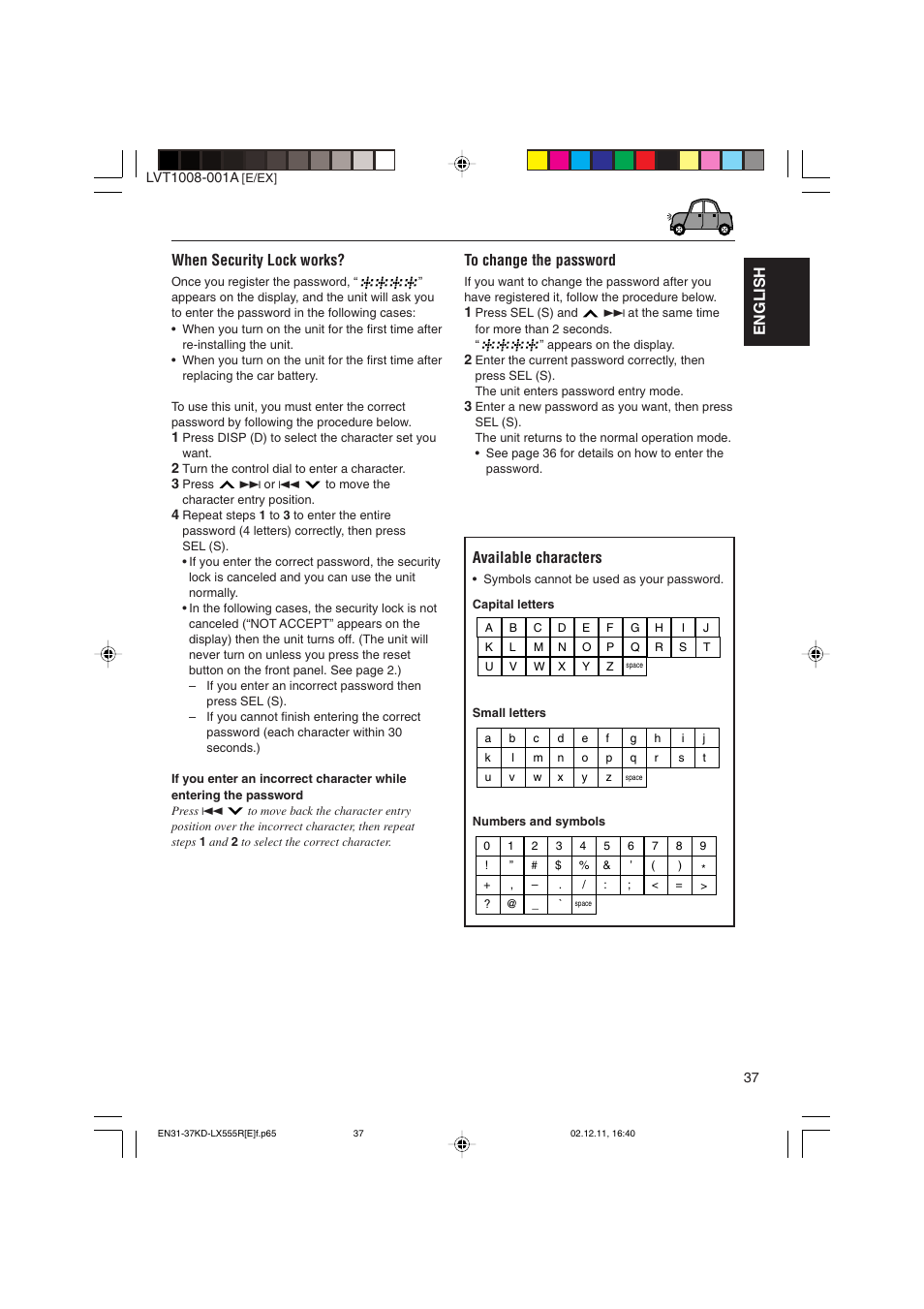 English, When security lock works, Available characters | JVC KD-LX555R User Manual | Page 37 / 58