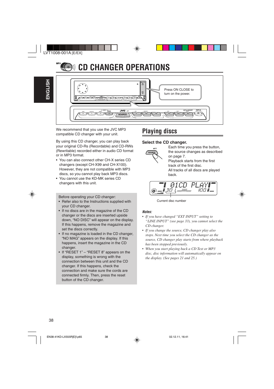 Cd changer operations, Playing discs, English | Select the cd changer | JVC KD-LX555R User Manual | Page 38 / 58