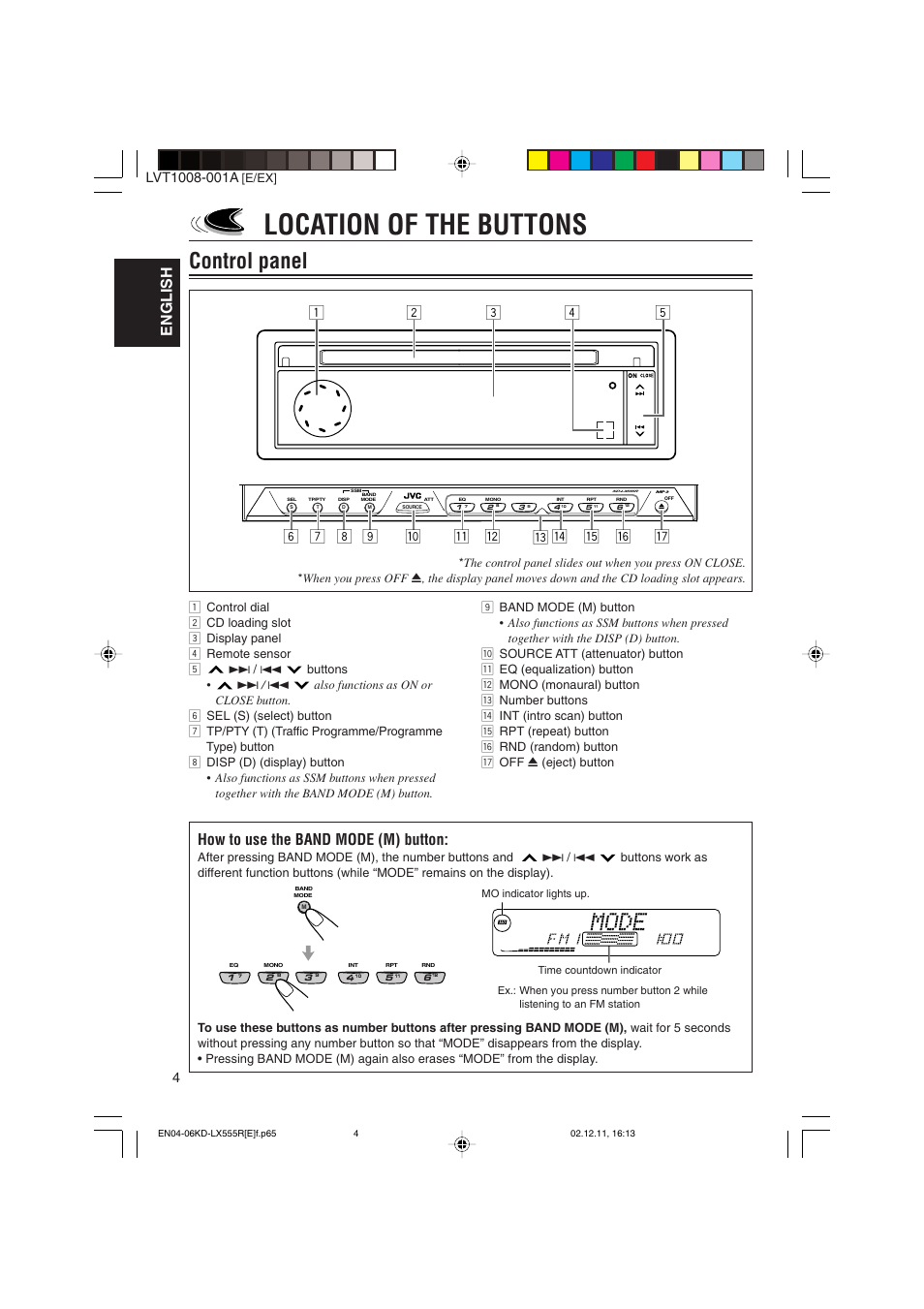 Location of the buttons, Control panel, English | How to use the band mode (m) button | JVC KD-LX555R User Manual | Page 4 / 58