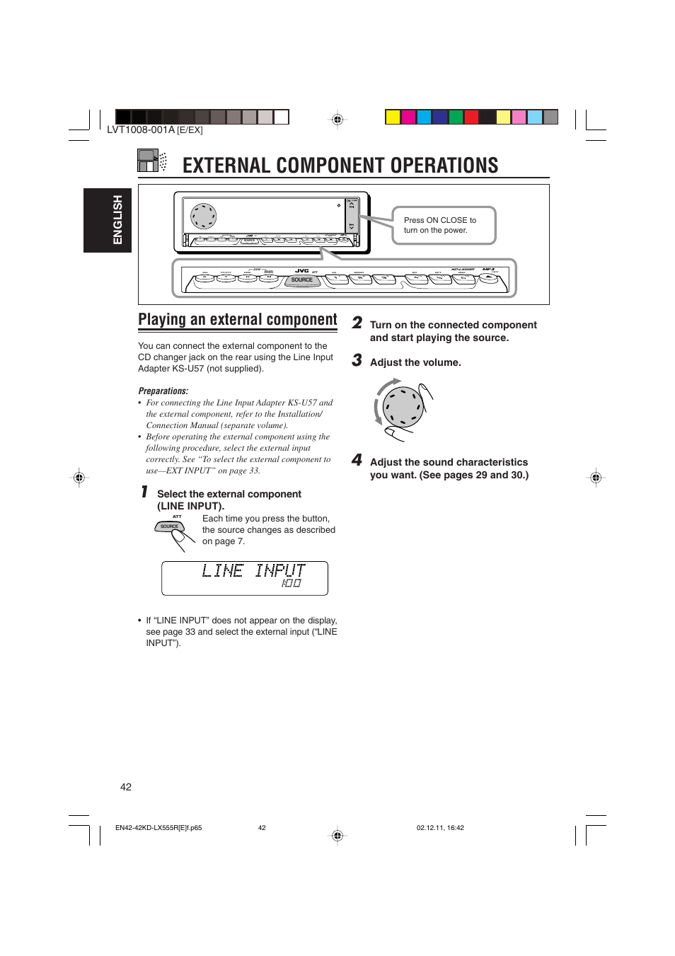 External component operations, Playing an external component, English | Select the external component (line input), Adjust the volume | JVC KD-LX555R User Manual | Page 42 / 58