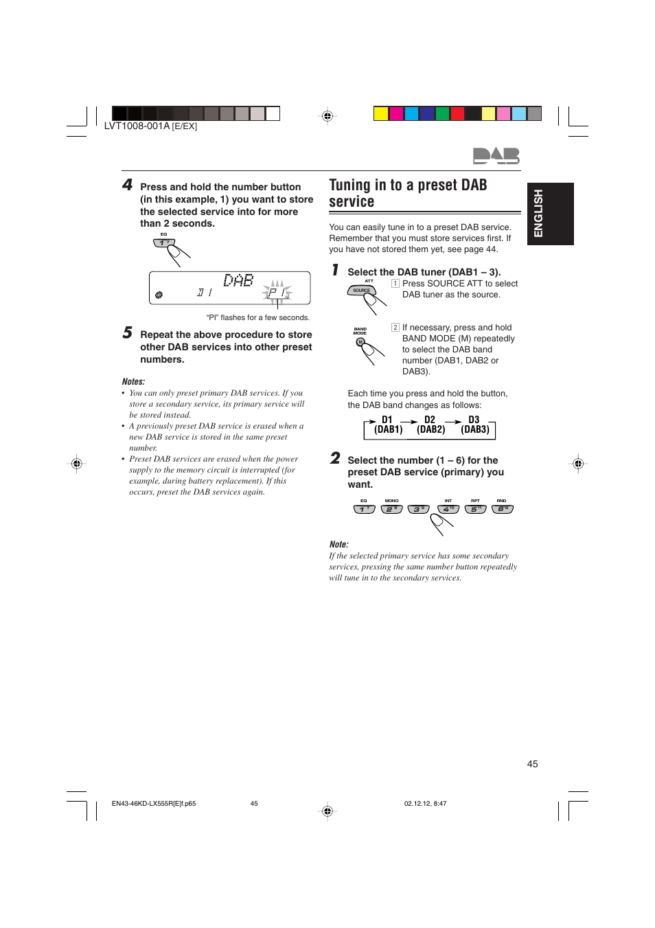 Tuning in to a preset dab service, English | JVC KD-LX555R User Manual | Page 45 / 58