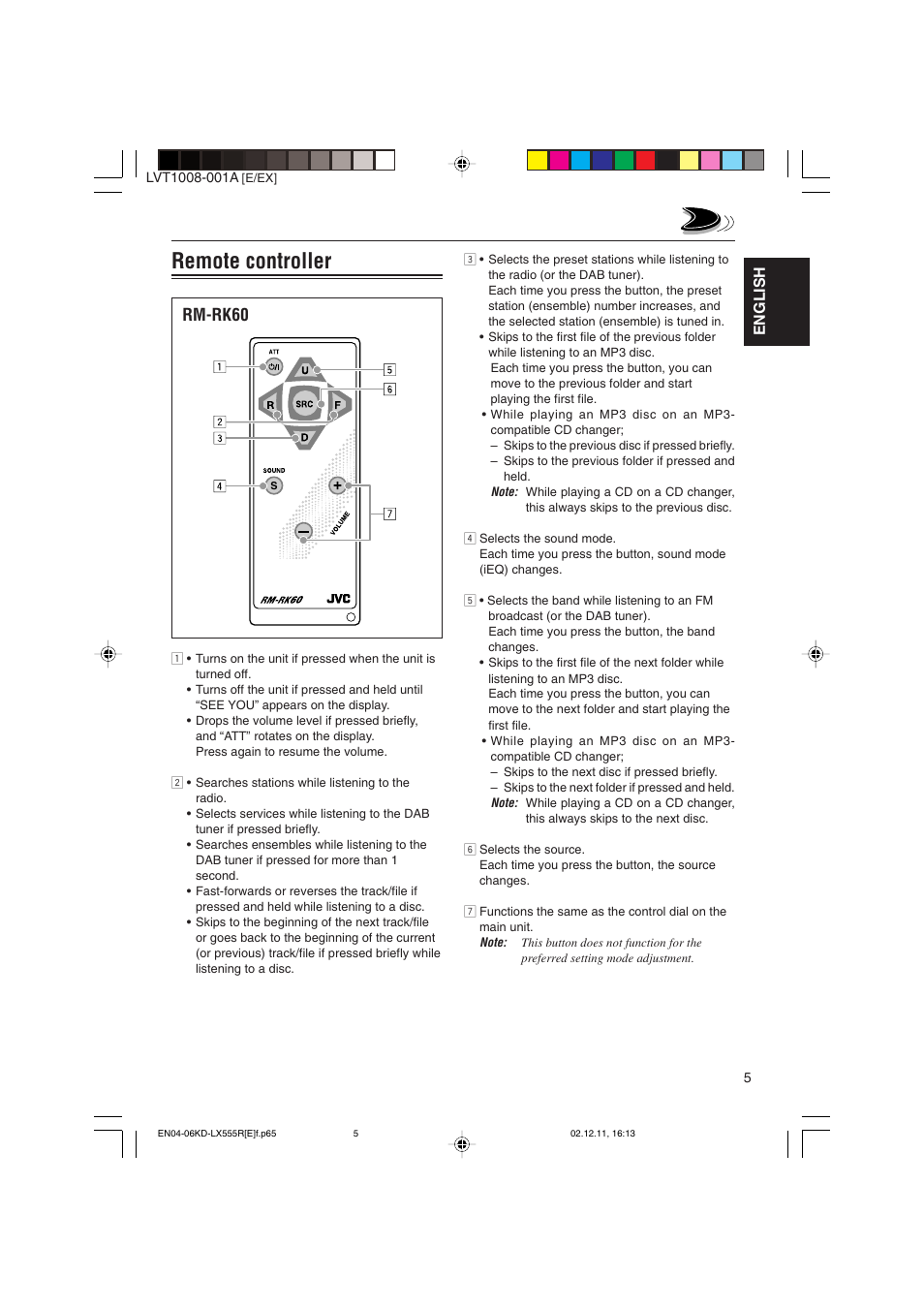 Remote controller, Rm-rk60, English | JVC KD-LX555R User Manual | Page 5 / 58