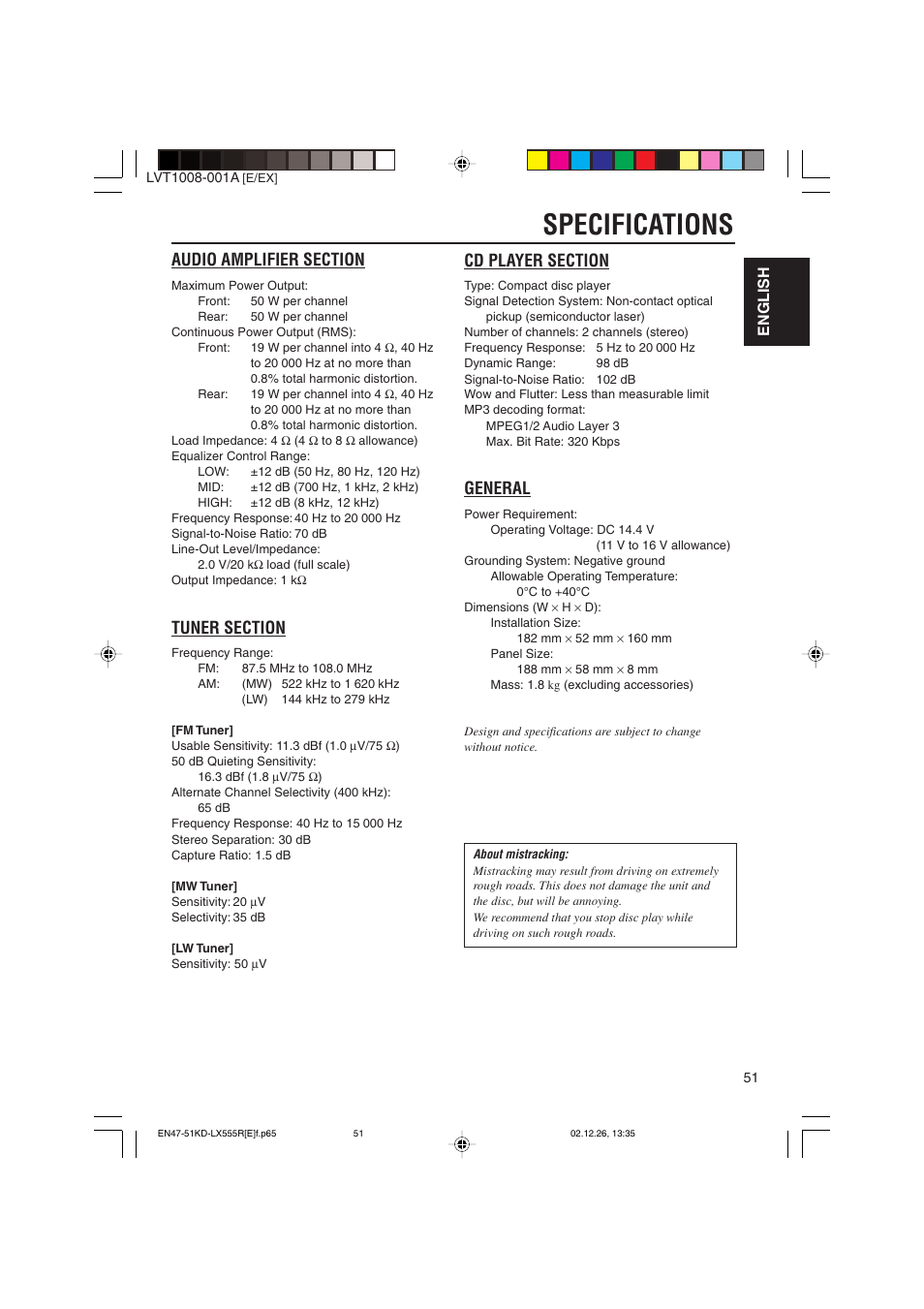 Specifications, General, English | JVC KD-LX555R User Manual | Page 51 / 58