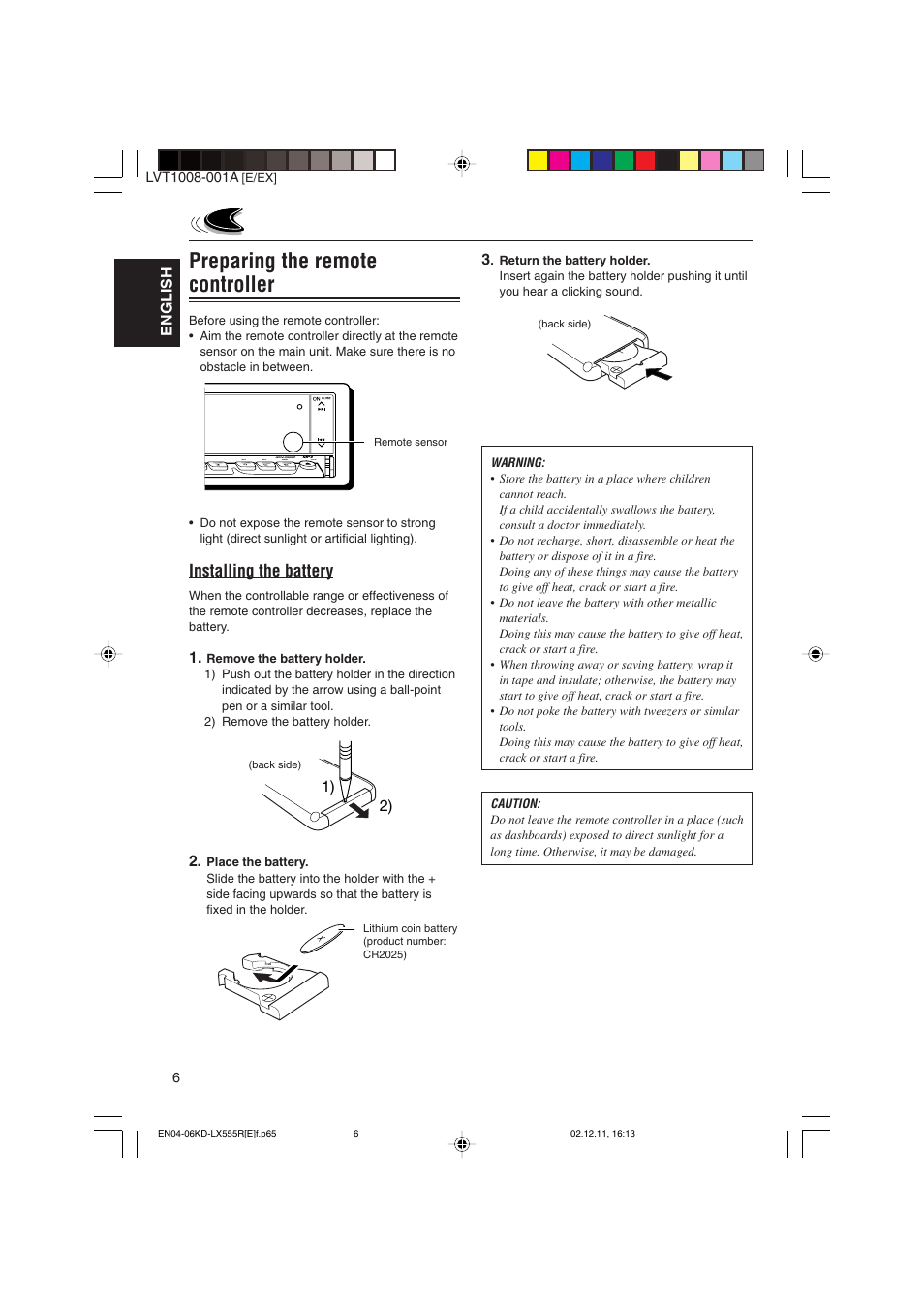 Preparing the remote controller, Installing the battery, English | JVC KD-LX555R User Manual | Page 6 / 58