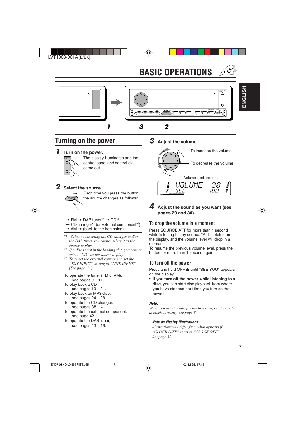 Basic operations, Turning on the power 1, English | JVC KD-LX555R User Manual | Page 7 / 58