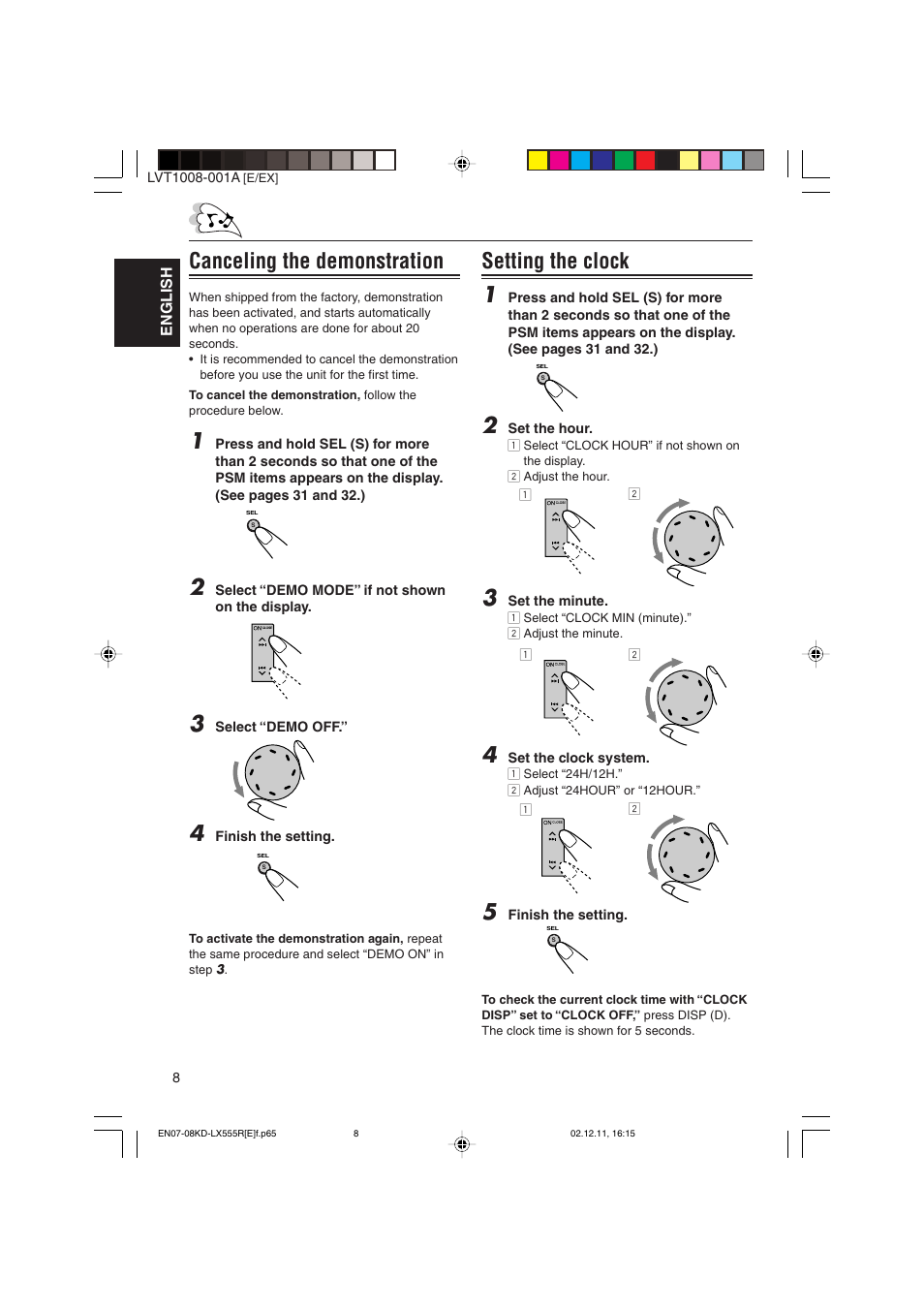 Setting the clock 1, Canceling the demonstration | JVC KD-LX555R User Manual | Page 8 / 58