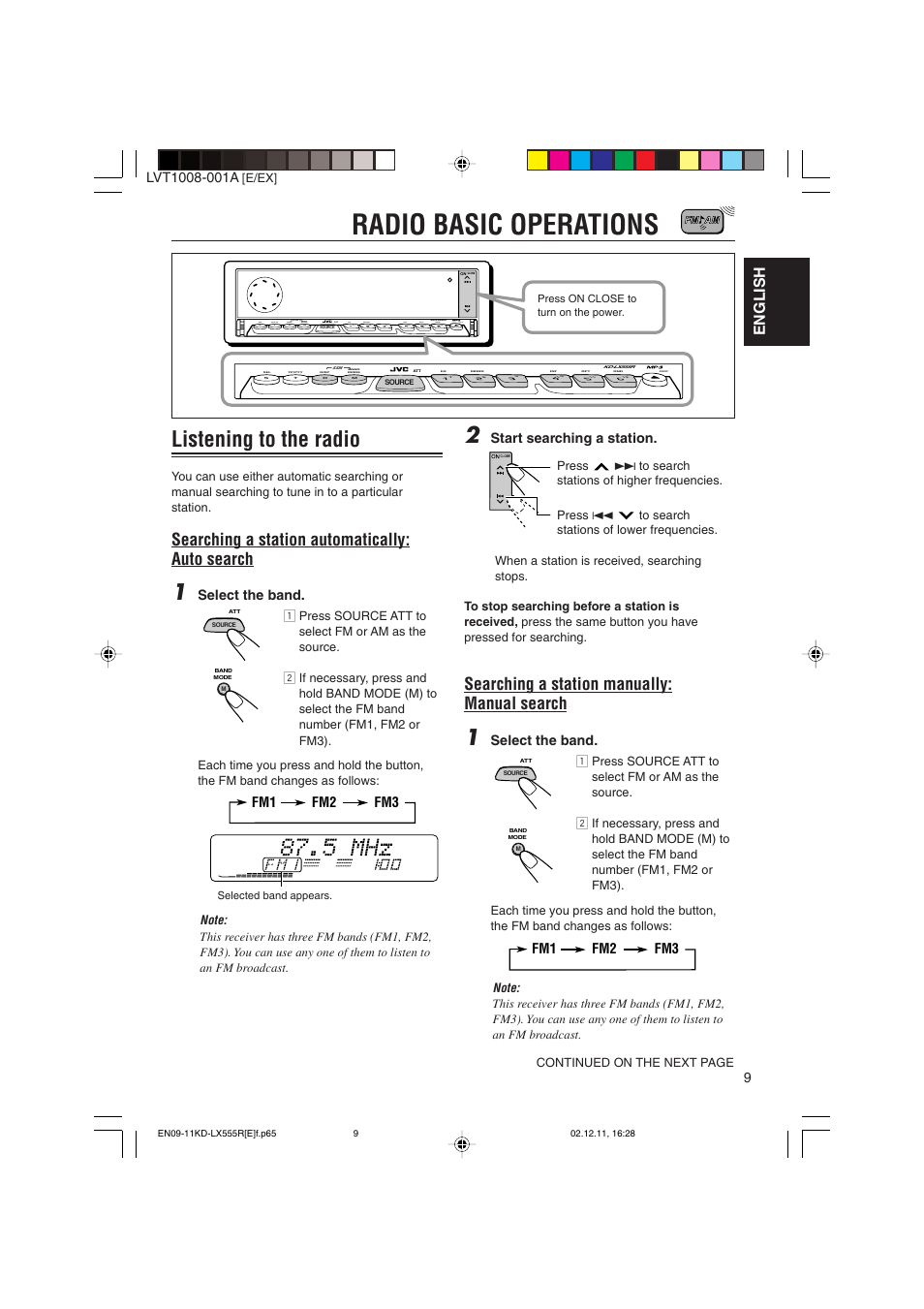 Radio basic operations, Listening to the radio, Searching a station automatically: auto search | Searching a station manually: manual search, English, Select the band, Start searching a station | JVC KD-LX555R User Manual | Page 9 / 58