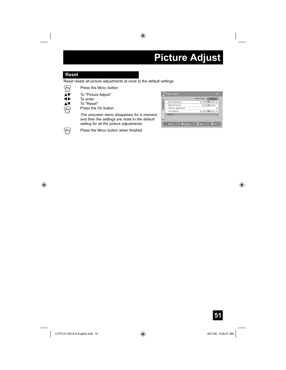 Reset, Picture adjust | JVC AV 56P777 User Manual | Page 51 / 72