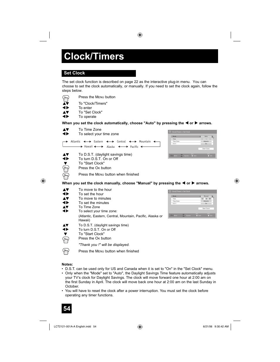 Clock/timers, Set clock | JVC AV 56P777 User Manual | Page 54 / 72