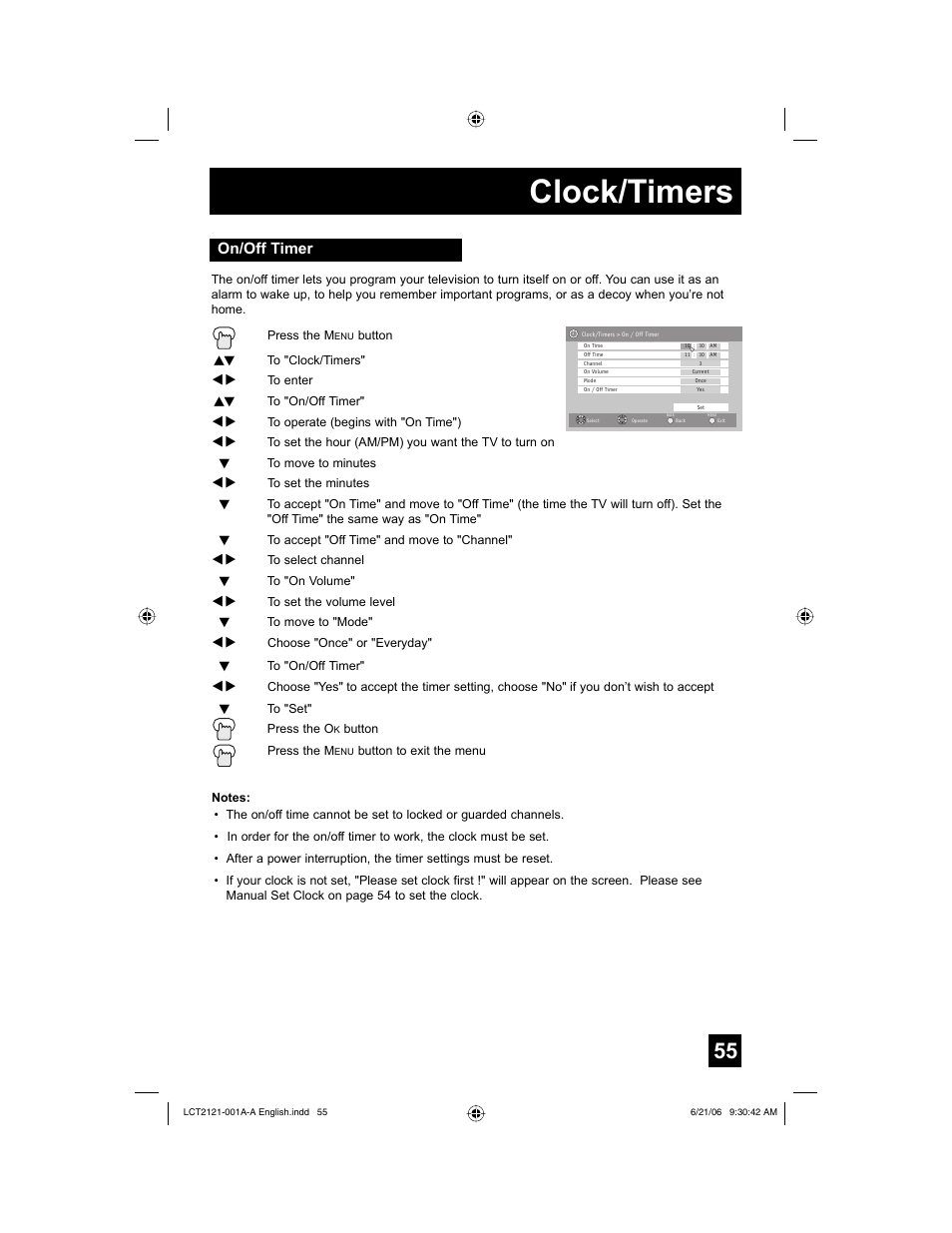 On/off timer, Clock/timers | JVC AV 56P777 User Manual | Page 55 / 72