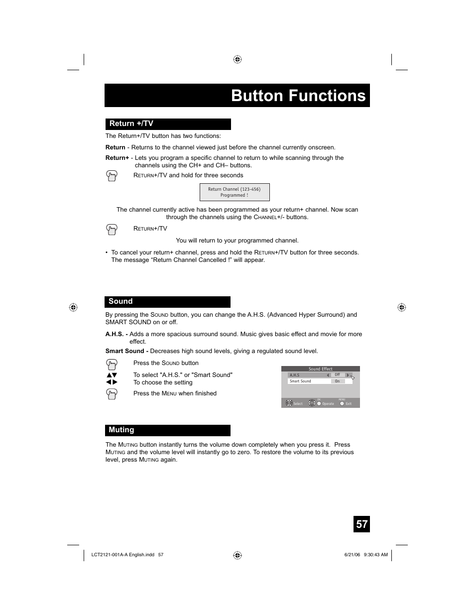 Return+/tv, Sound, Muting | Button functions, Return +/tv | JVC AV 56P777 User Manual | Page 57 / 72