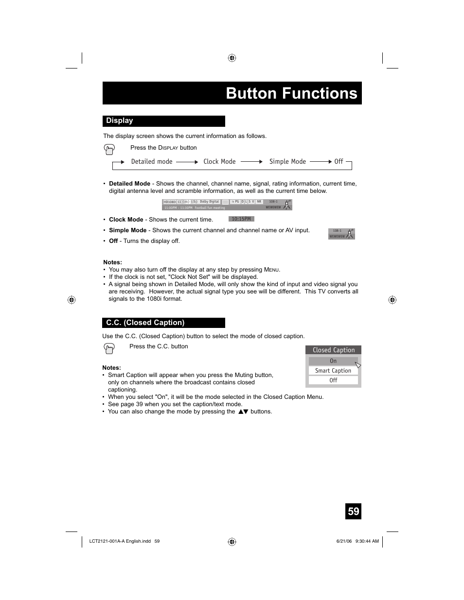 Display, C.c. (closed caption), Button functions | Detailed mode clock mode simple mode off, Closed caption | JVC AV 56P777 User Manual | Page 59 / 72