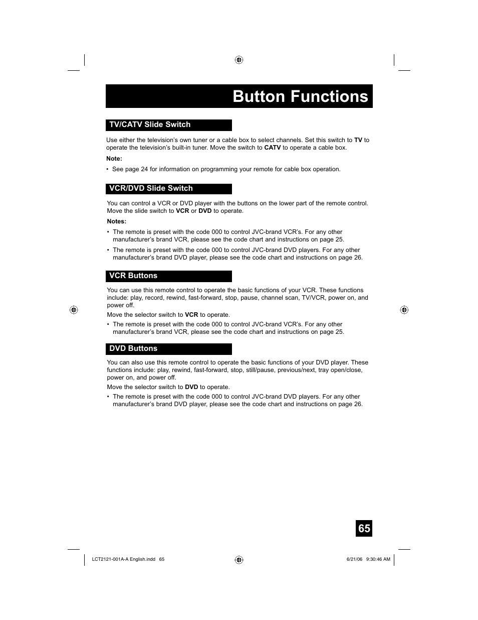 Tv/catv slide switch, Vcr/dvd slide switch, Vcr buttons | Dvd buttons, Button functions | JVC AV 56P777 User Manual | Page 65 / 72