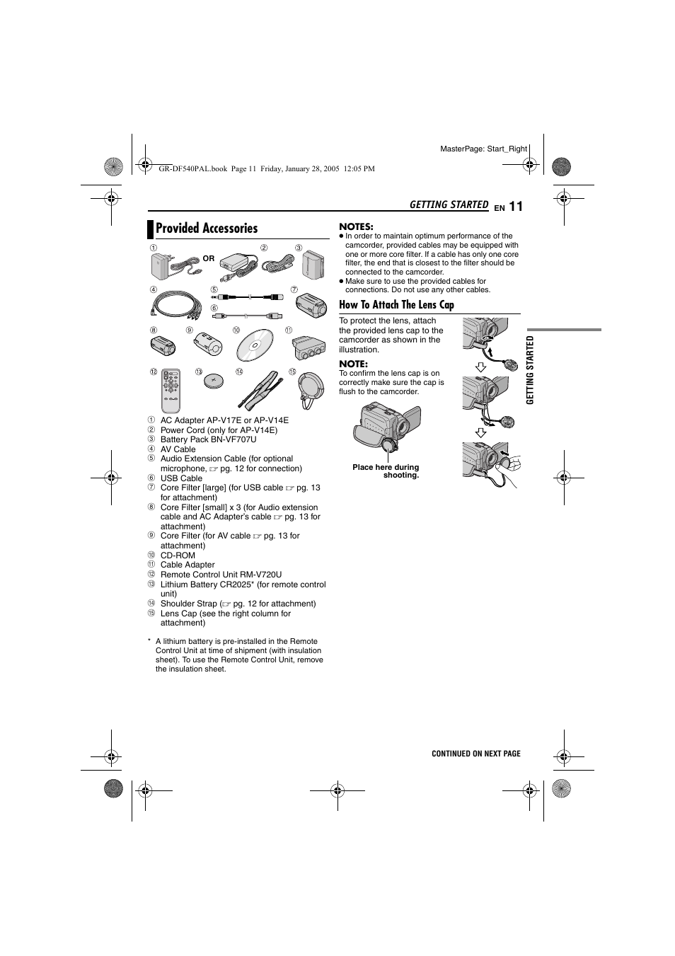 Provided accessories, How to attach the lens cap | JVC GR-DF540 User Manual | Page 11 / 68