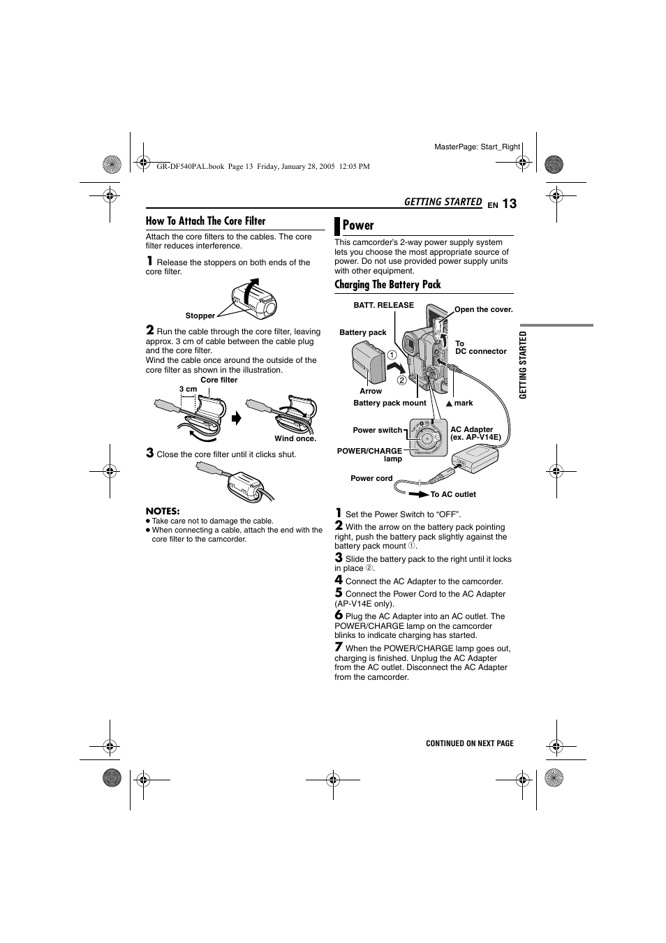 How to attach the core filter, Power, Charging the battery pack | R [dc, Pg. 13), Pg. 13, 19, Pg. 13, Pg. 13 f | JVC GR-DF540 User Manual | Page 13 / 68