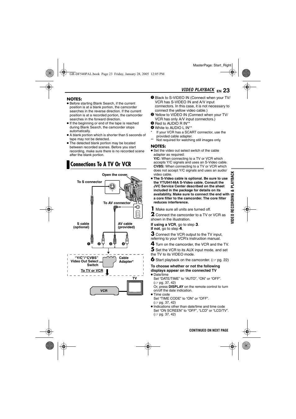 Connections to a tv or vcr, Pg. 23, 52, Pg. 23, 52) | Pg. 23) | JVC GR-DF540 User Manual | Page 23 / 68