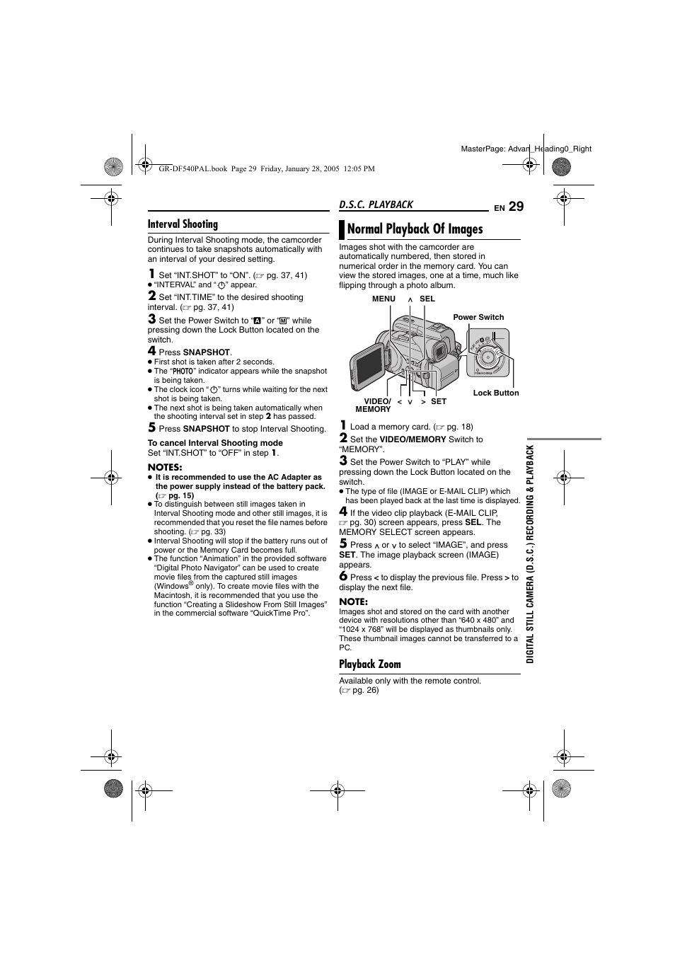 Interval shooting, Normal playback of images, Playback zoom | D.s.c. playback, Pg. 29, 3, Pg. 29, 4, Pg. 29), Card (੬ pg. 29) | JVC GR-DF540 User Manual | Page 29 / 68