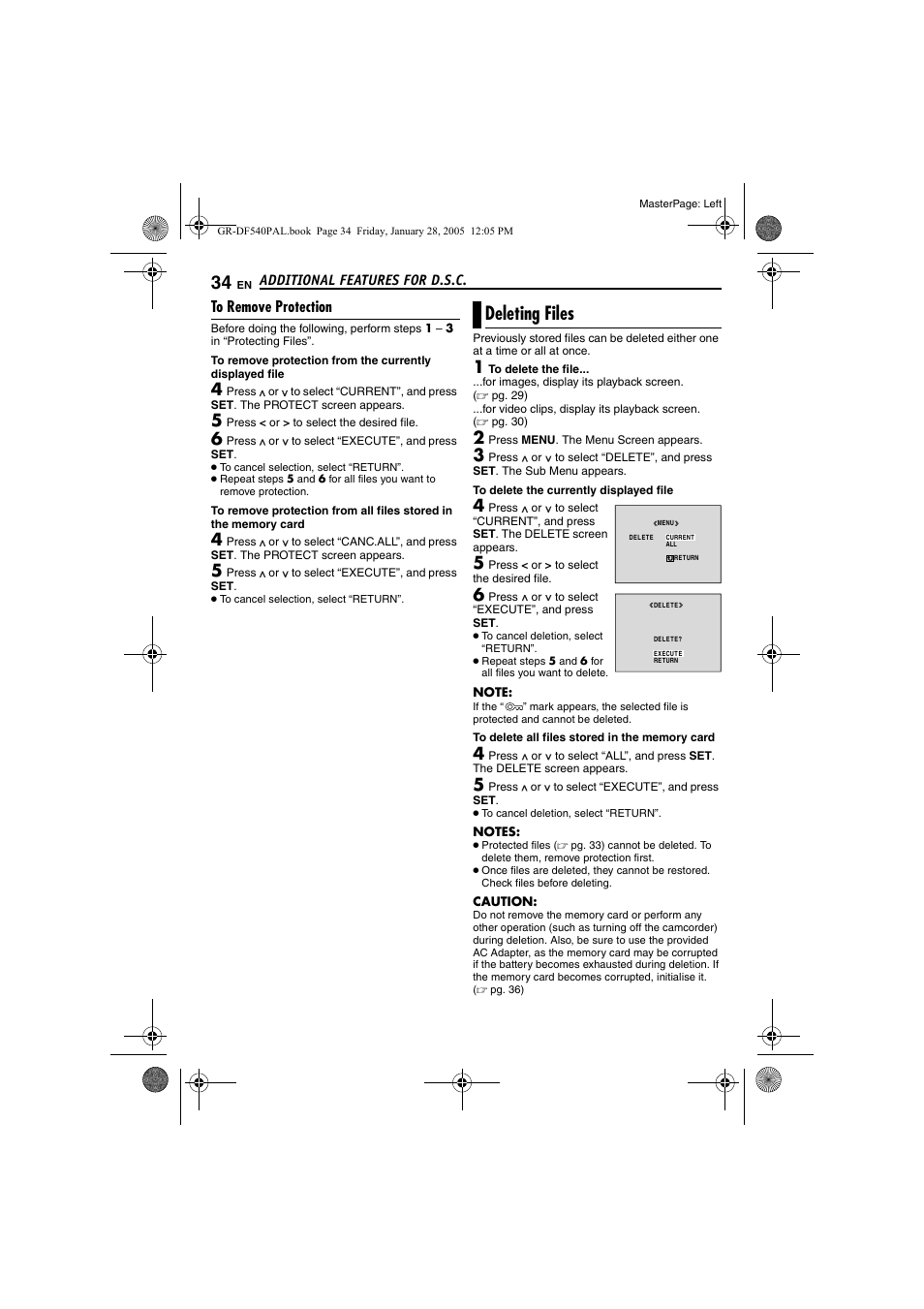 To remove protection, Deleting files, R to “deleting | Files, Pg. 34) | JVC GR-DF540 User Manual | Page 34 / 68