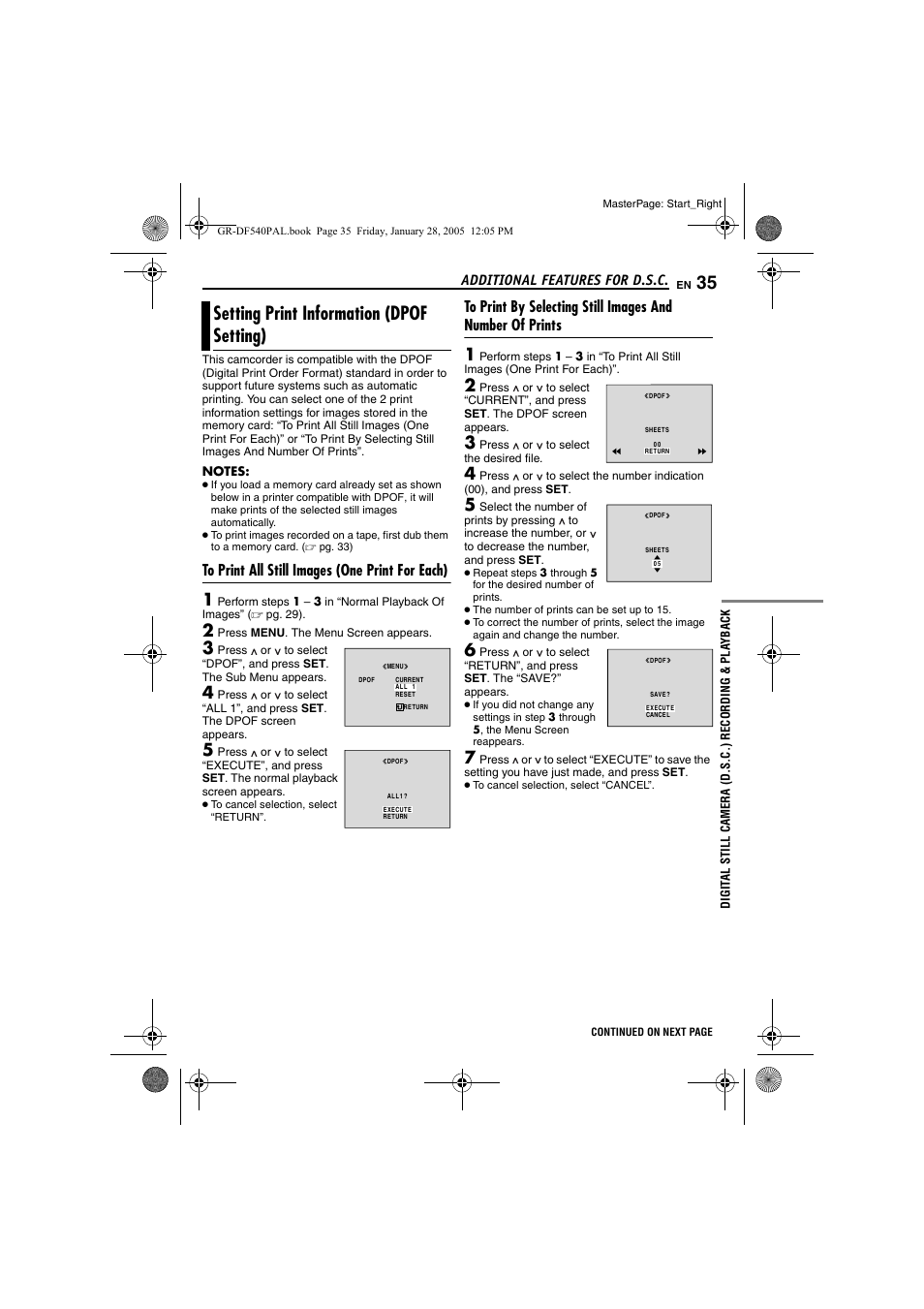 Setting print information (dpof setting), To print all still images (one print for each), Additional features for d.s.c | JVC GR-DF540 User Manual | Page 35 / 68