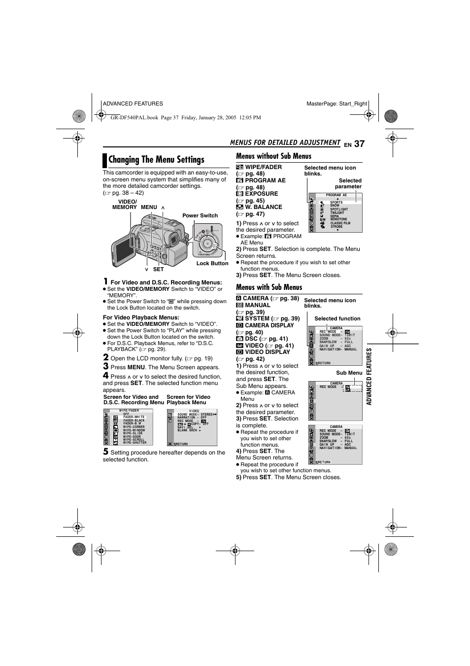 Menus for detailed adjustment, Changing the menu settings, Menus without sub menus | Menus with sub menus, Pg. 37, Advanced features, Pg. 37), Pg. 37, 4, Pg. 37, 41, Pg. 37, 3 | JVC GR-DF540 User Manual | Page 37 / 68