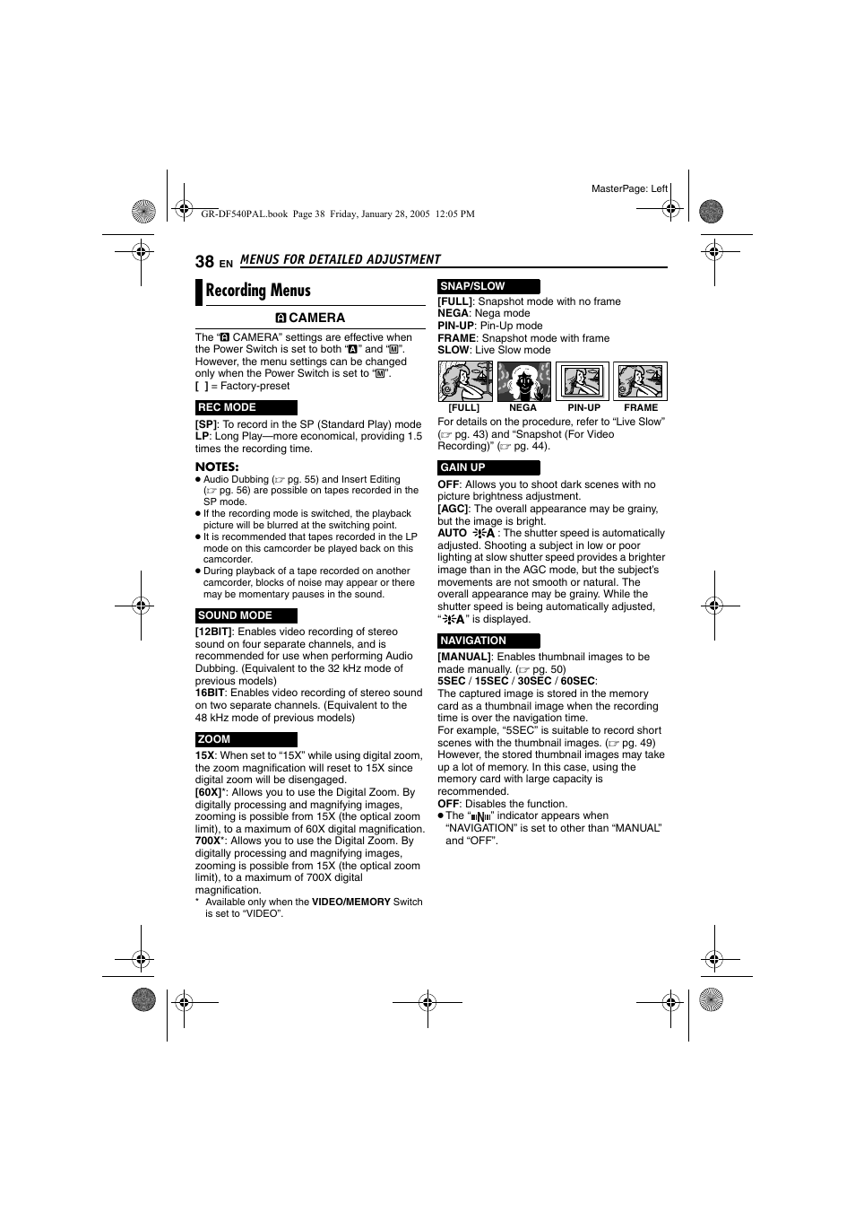 Recording menus, Pg. 38), Pg. 38) (a | Pg. 38 | JVC GR-DF540 User Manual | Page 38 / 68