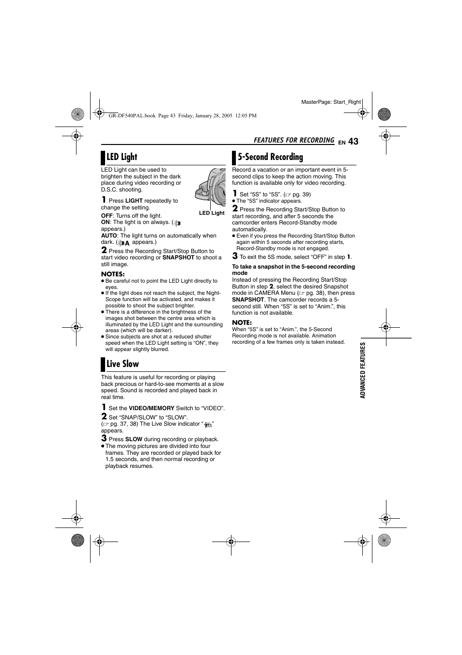 Features for recording, Led light, Live slow | Second recording, 43 live slow, 43 5-second recording, Pg. 43), Led light live slow | JVC GR-DF540 User Manual | Page 43 / 68