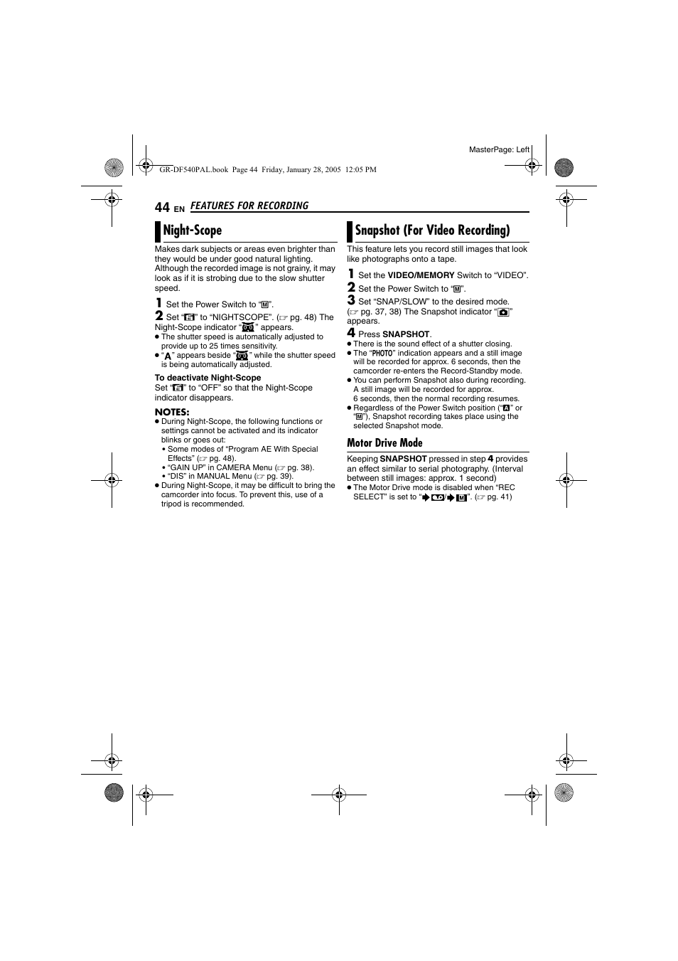 Night-scope, Snapshot (for video recording), Motor drive mode | 44 snapshot (for video recording), Pg. 44), Snapshot (for video, Recording), Night-scope snapshot (for video recording) | JVC GR-DF540 User Manual | Page 44 / 68