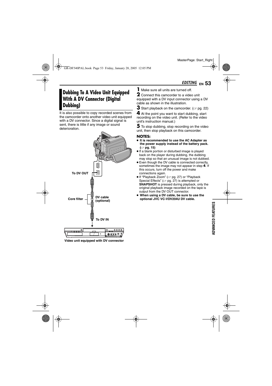 Dubbing to a video unit equipped with a dv, Connector (digital dubbing), Pg. 53, 54) | JVC GR-DF540 User Manual | Page 53 / 68