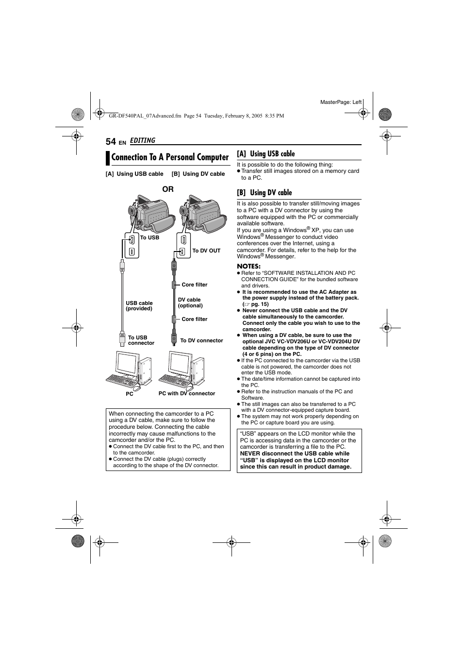 Connection to a personal computer, Pg. 54) | JVC GR-DF540 User Manual | Page 54 / 68
