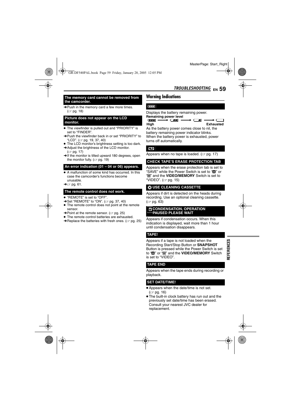 Warning indications, Pg. 59) | JVC GR-DF540 User Manual | Page 59 / 68