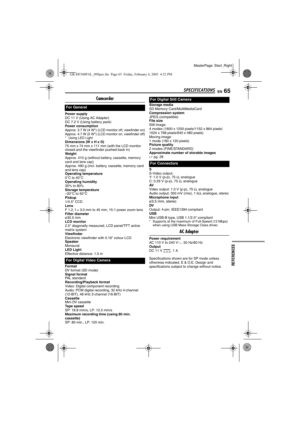 Specifications, Camcorder, Ac adapter | JVC GR-DF540 User Manual | Page 65 / 68