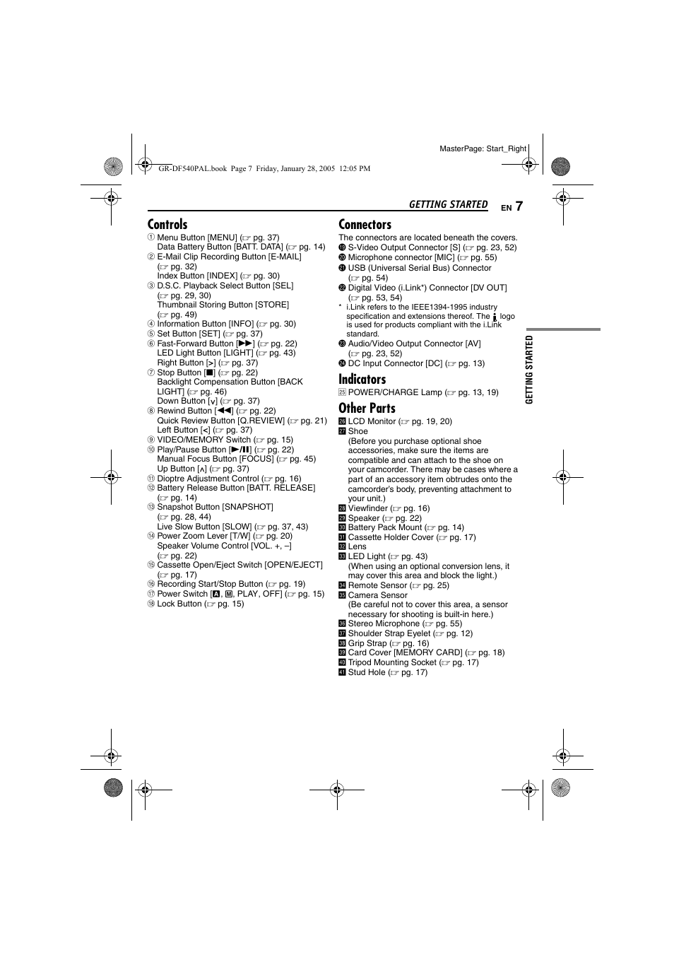 Controls, Connectors, Indicators | Other parts | JVC GR-DF540 User Manual | Page 7 / 68