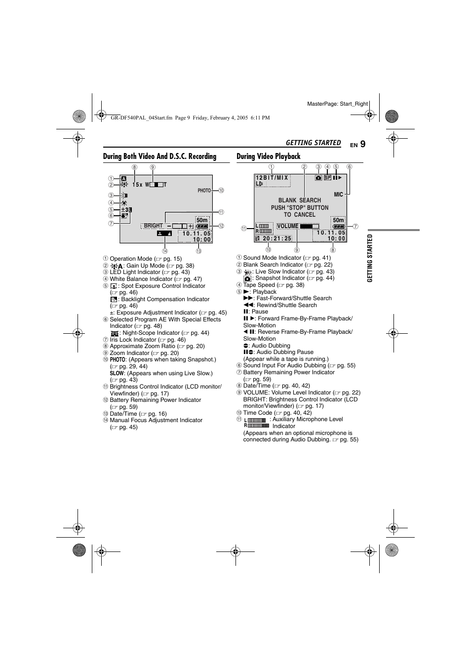 During both video and d.s.c. recording, During video playback | JVC GR-DF540 User Manual | Page 9 / 68