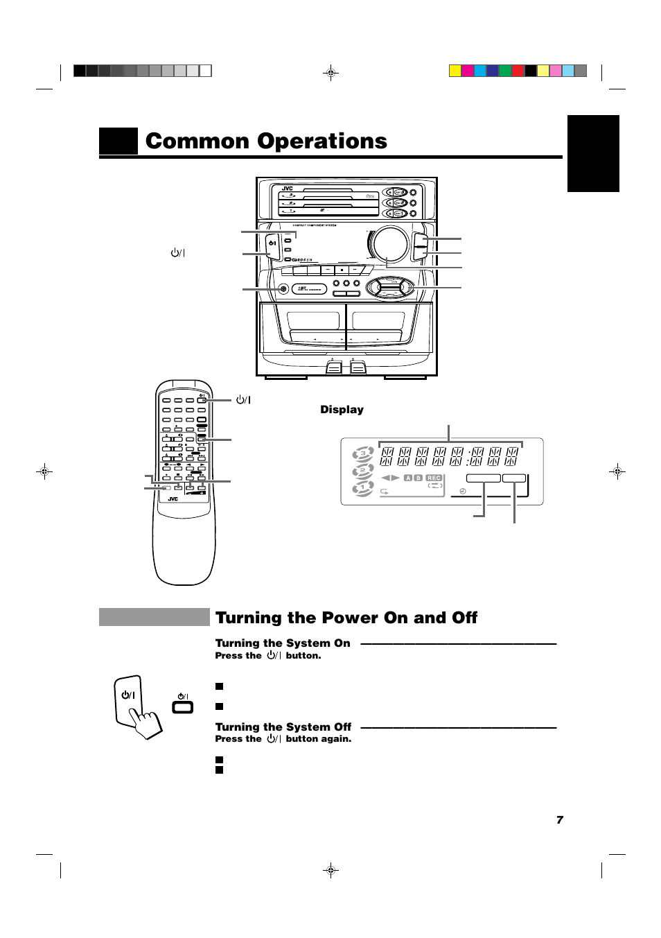 Common operations, Turning the power on and off, 7english | Display, Turning the system on, Turning the system off, Compact digital audio, Press the button, Press the button again | JVC CA-D551TR User Manual | Page 11 / 37