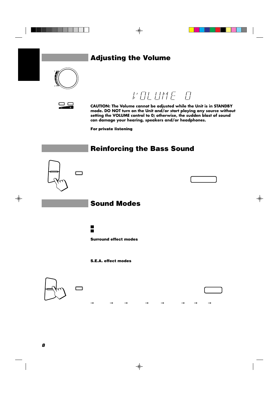 Adjusting the volume, Reinforcing the bass sound, Sound modes | 8english | JVC CA-D551TR User Manual | Page 12 / 37