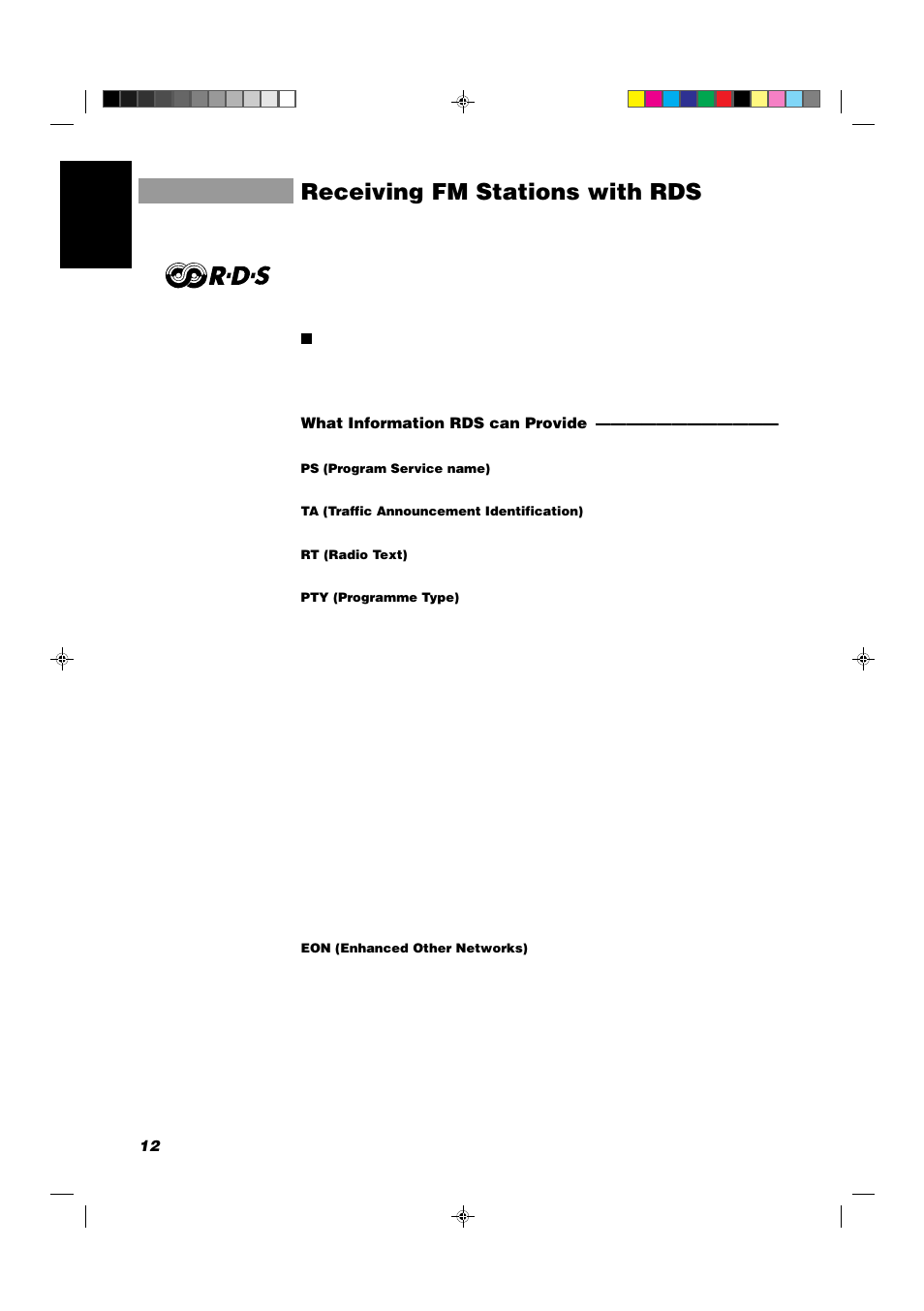 Receiving fm stations with rds, 12 english, What information rds can provide | JVC CA-D551TR User Manual | Page 16 / 37
