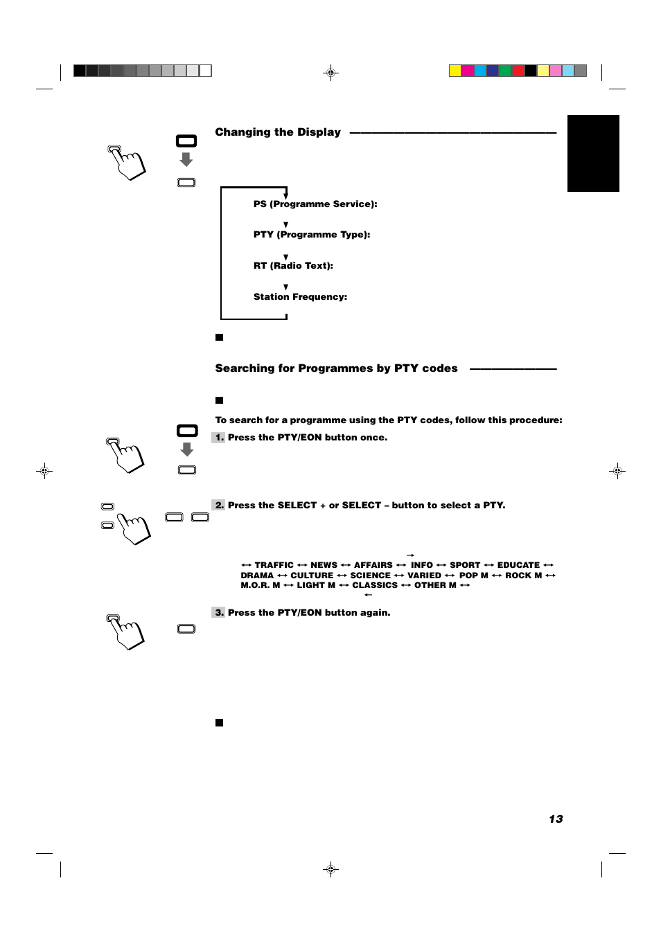 13 english, Changing the display, Searching for programmes by pty codes | JVC CA-D551TR User Manual | Page 17 / 37