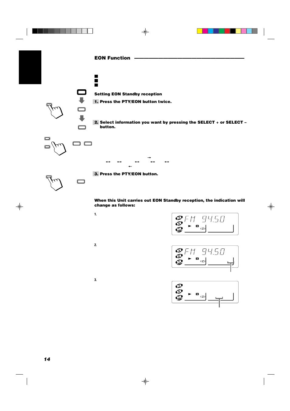 Station name, 14 english eon function, Press the pty/eon button | JVC CA-D551TR User Manual | Page 18 / 37