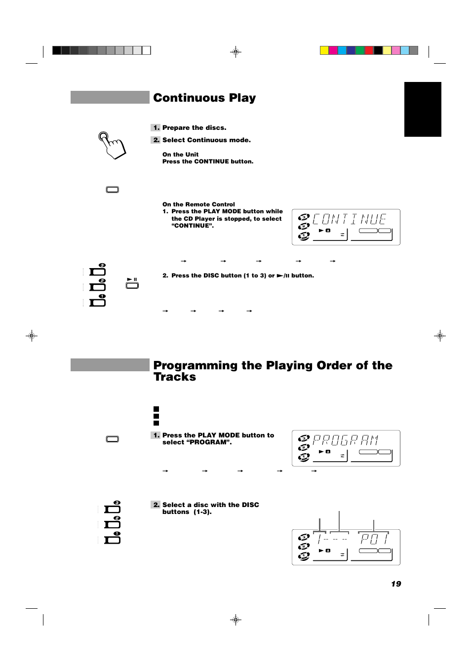 Continuous play, Programming the playing order of the tracks, 19 english | JVC CA-D551TR User Manual | Page 23 / 37