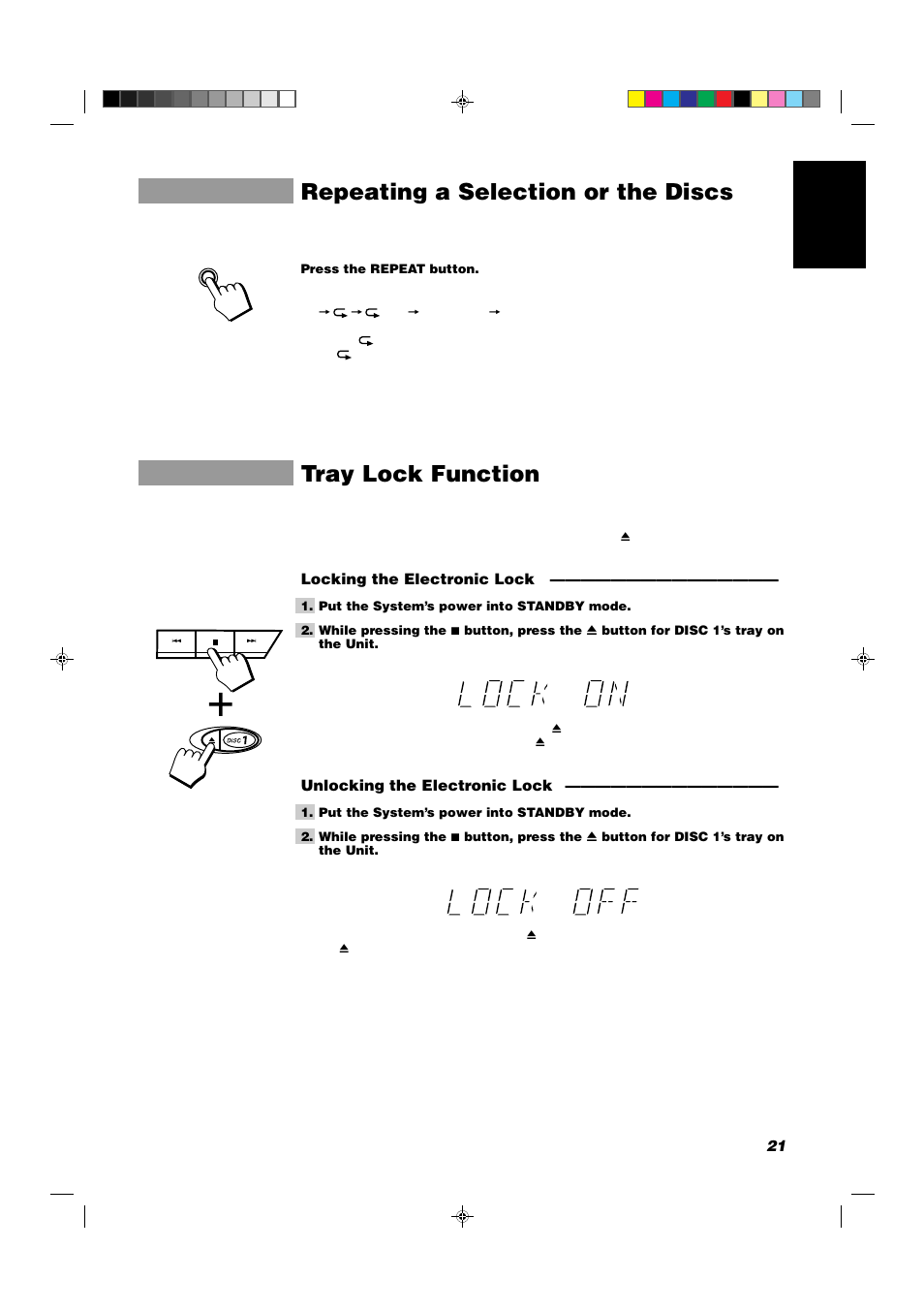 Repeating a selection or the discs, Tray lock function, 21 english | Locking the electronic lock, Unlocking the electronic lock | JVC CA-D551TR User Manual | Page 25 / 37