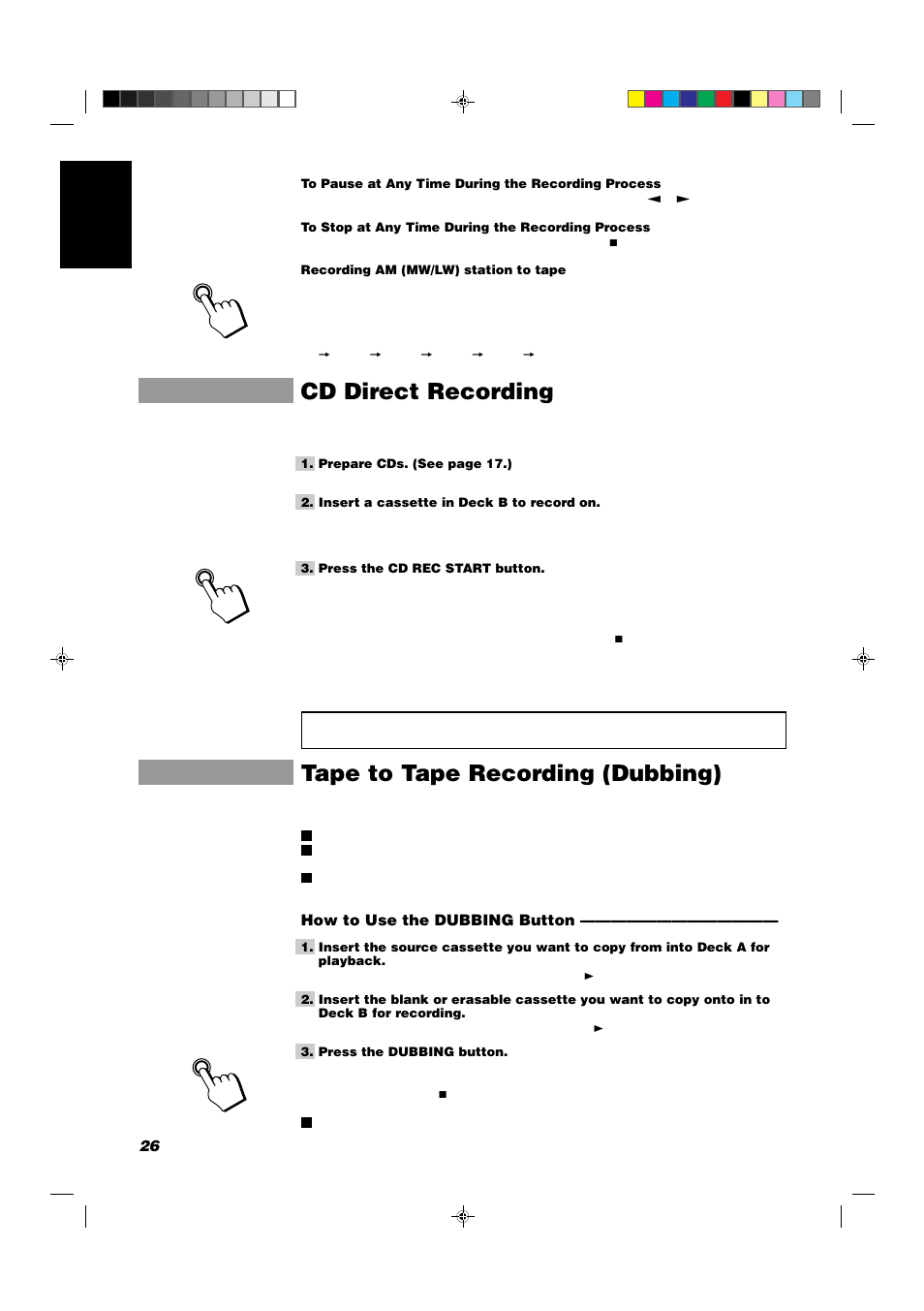 Cd direct recording, Tape to tape recording (dubbing), 26 english | How to use the dubbing button | JVC CA-D551TR User Manual | Page 30 / 37