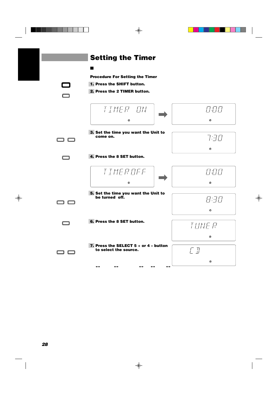 Setting the timer, 28 english | JVC CA-D551TR User Manual | Page 32 / 37