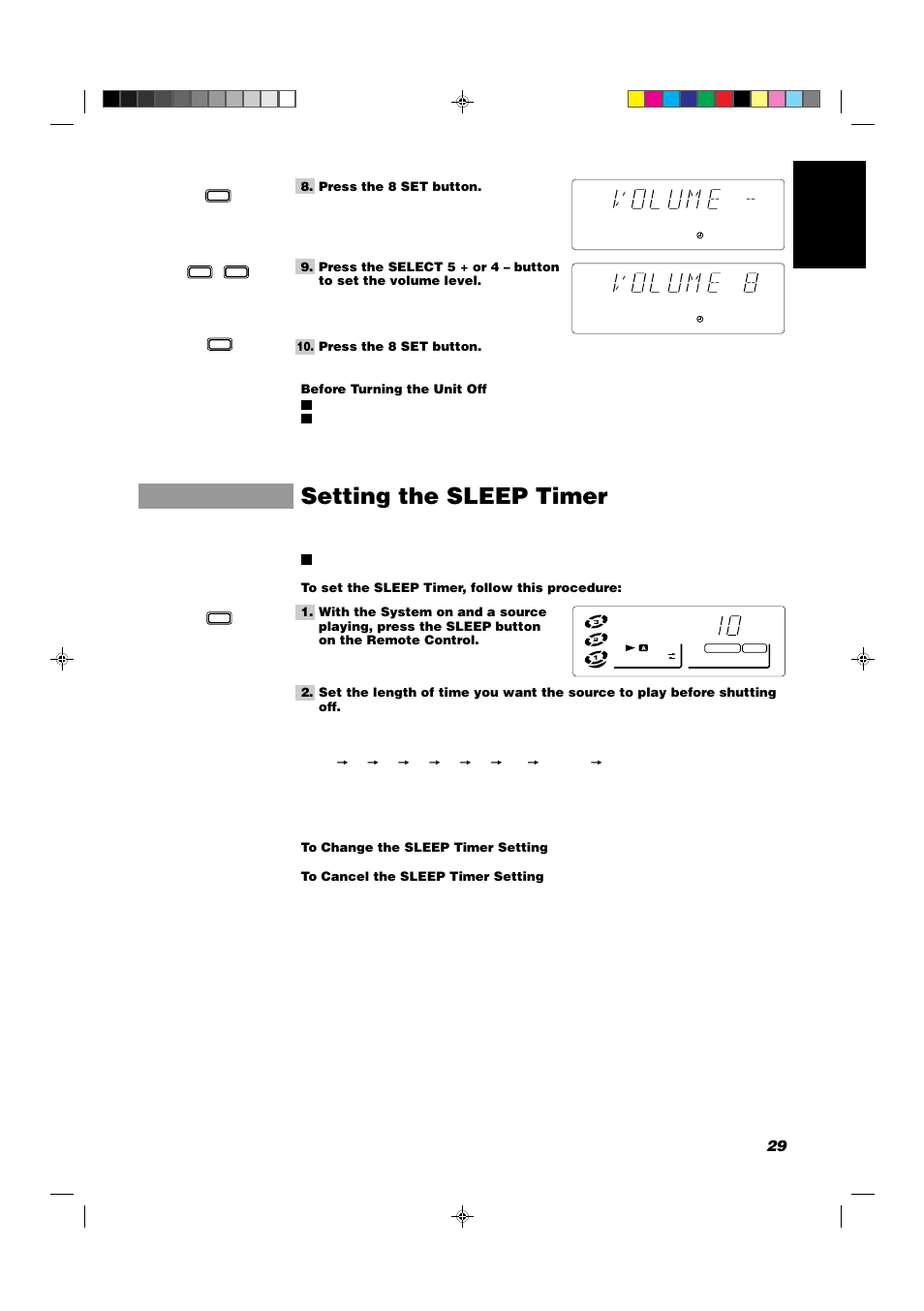 Setting the sleep timer, 29 english | JVC CA-D551TR User Manual | Page 33 / 37