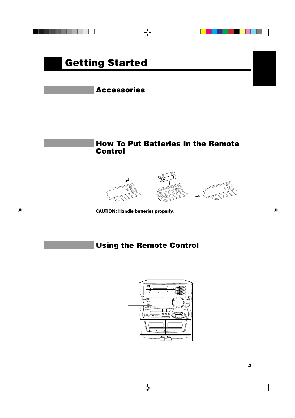 Getting started, Accessories, How to put batteries in the remote control | Using the remote control | JVC CA-D551TR User Manual | Page 7 / 37