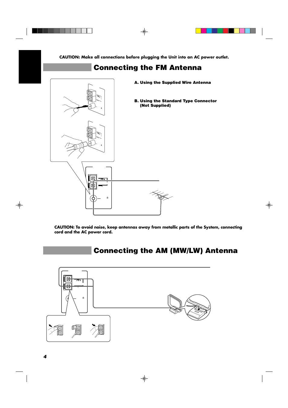 Connecting the fm antenna, Connecting the am (mw/lw) antenna, 4english | A. using the supplied wire antenna | JVC CA-D551TR User Manual | Page 8 / 37