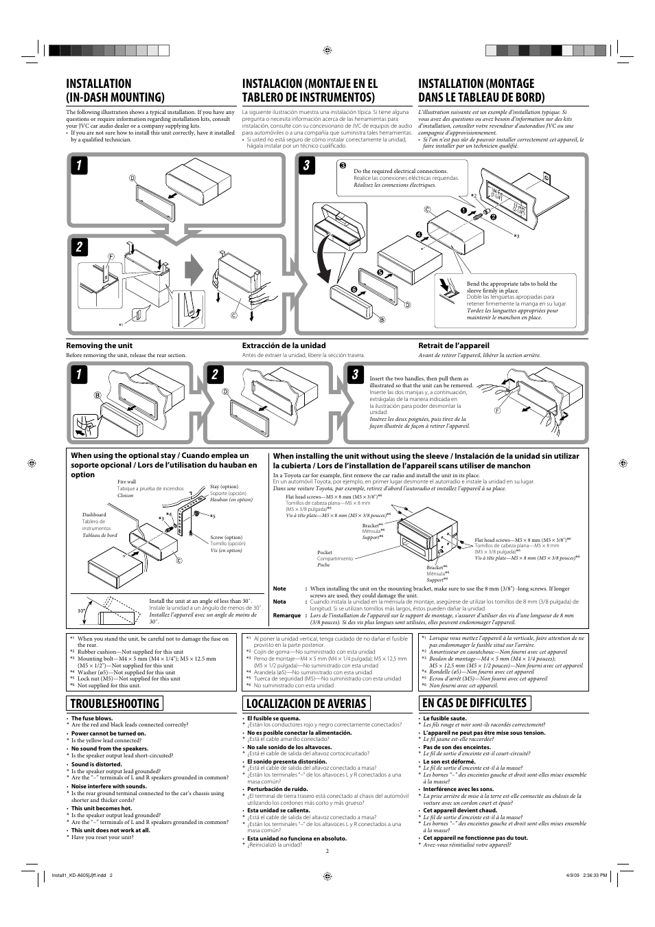Installation (in-dash mounting), Installation (montage dans le tableau de bord), Troubleshooting | Localizacion de averias, En cas de difficultes | JVC KD-A605 User Manual | Page 2 / 4