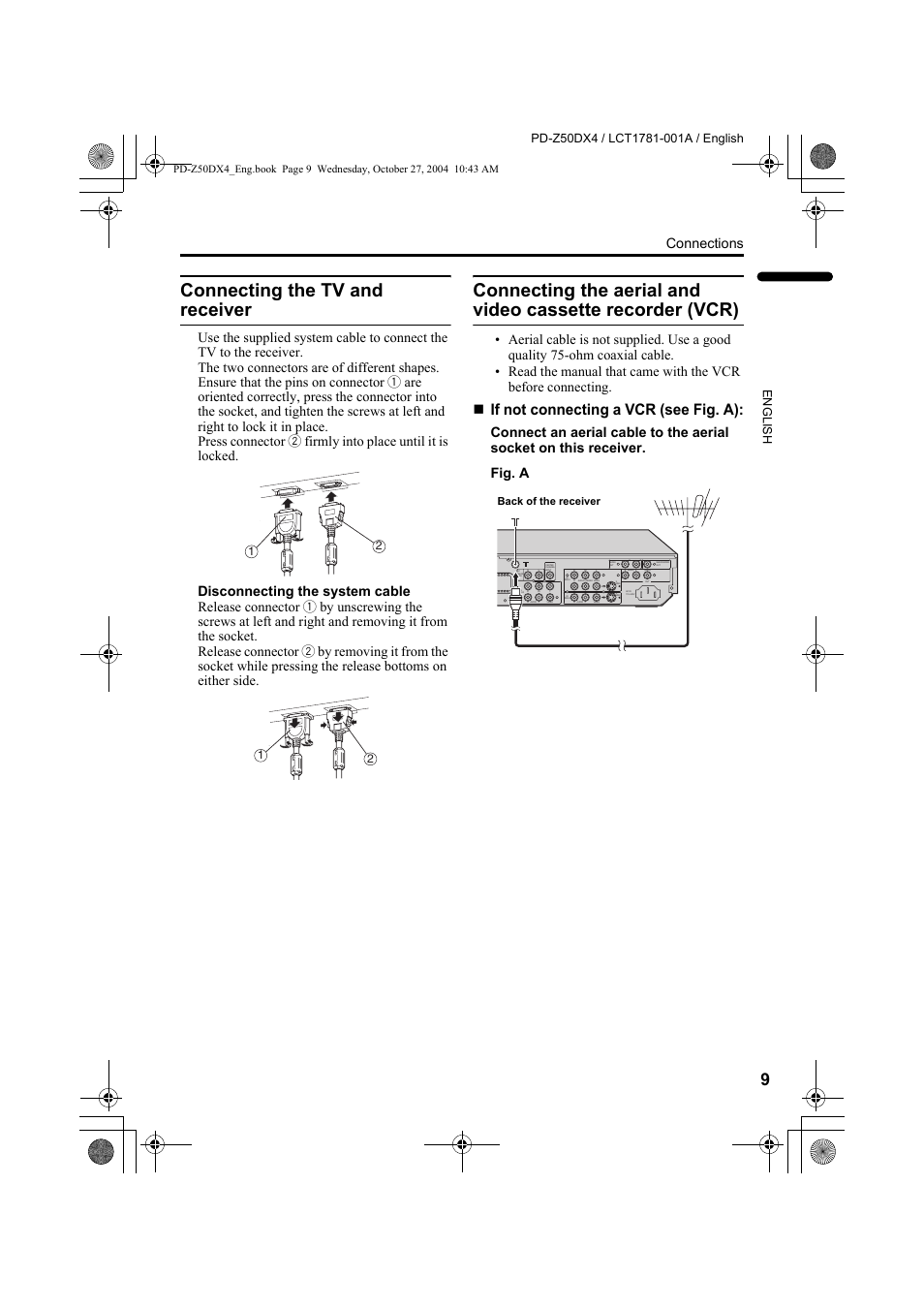 Connecting the tv and receiver, Recorder (vcr), If not connecting a vcr (see fig. a) | Connections, Fig. a | JVC 1104MKH-CR-VP User Manual | Page 11 / 60